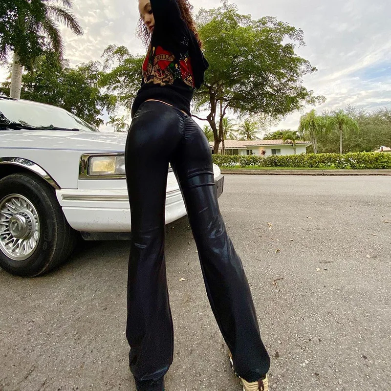 

Женские пикантные облегающие кожаные брюки на бедрах, нижняя одежда, расклешенные брюки, Женская Блестящая одежда с высокой талией Y2k, расклешенные брюки