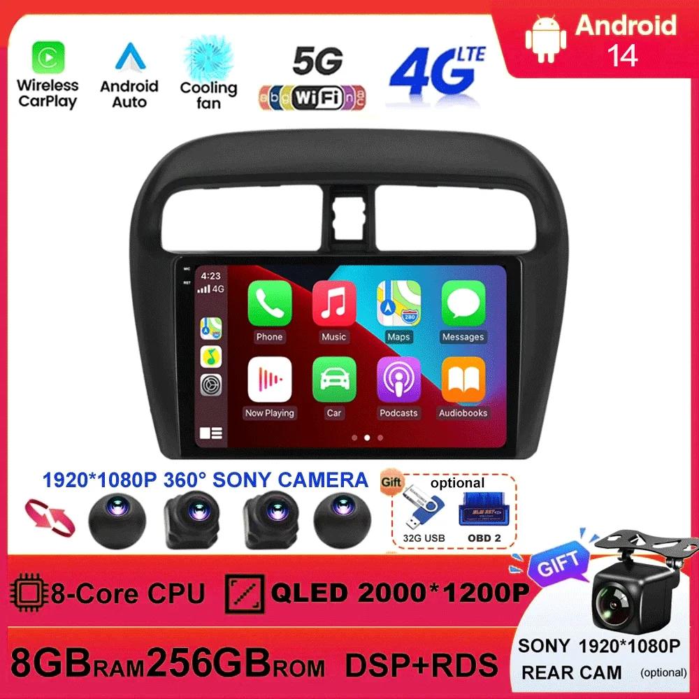 Автомобильный радиоприемник Android 14 для Mitsubishi Mirage Attrage 2012-2018 мультимедийный