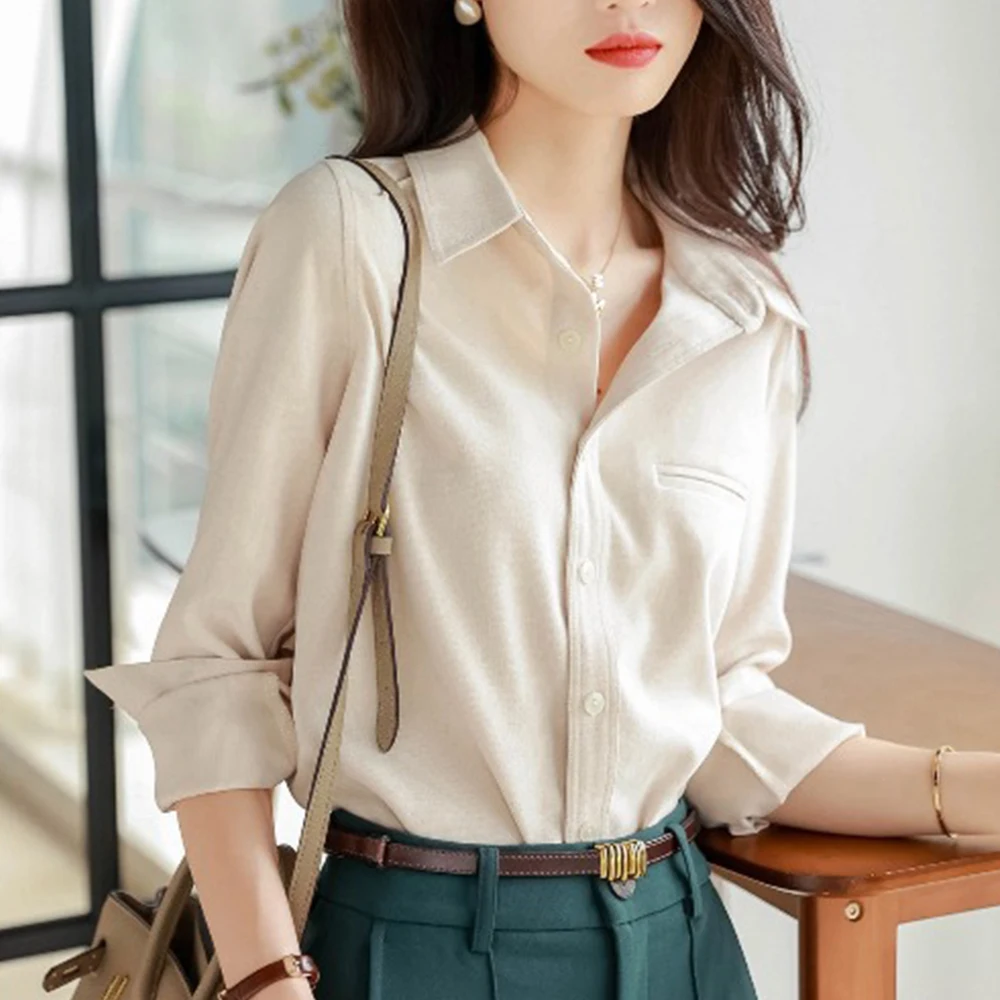 

Women's 2022 Spring New Blouse Thickened Brushed Texture Loose Thin Folded Shirt Office Lady Clothing Female Long Sleeve Top