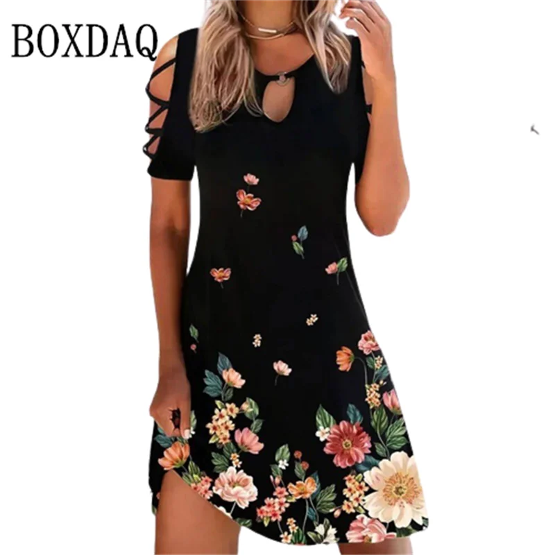 

Summer Women Dress Fashion Sexy Hollow Out Short Sleeve O-Neck A-Line Dress Beach Party Casual Loose Floral Print Femme Sundress