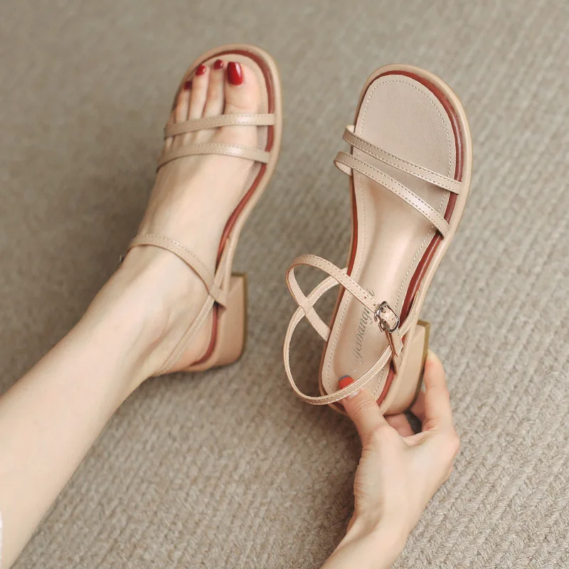 Student Narrow Band Sandals Women Summer Beach Shoes Woman Belt Buckle Sandals All-match Thick Heels Gladiator Sandalias 2022