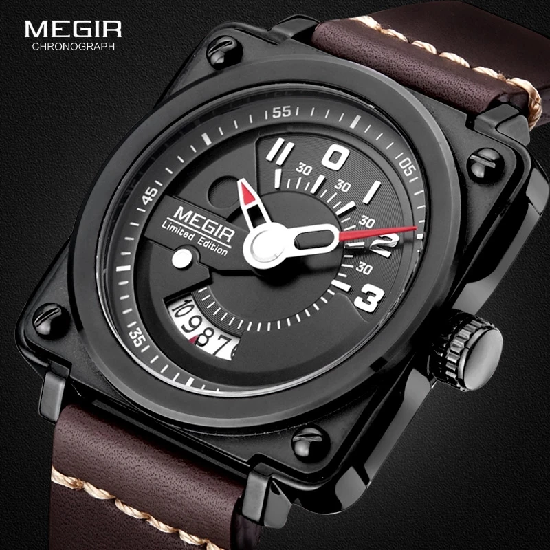 

Megir Men's Square Analog Dial Leather Strap Waterproof Quartz Wrist Watches with Calendar Date BUSINESS WATCHE rectangle 2040