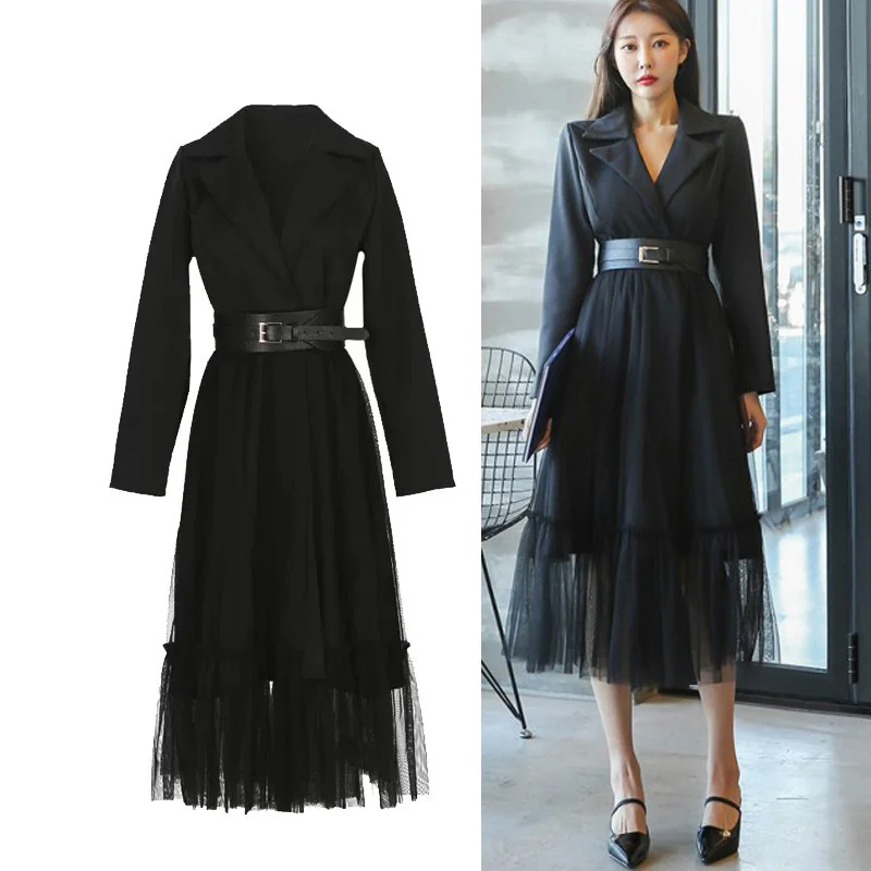 

Runway Fashion Notched Collar Black Midi Long A Line Dress With Belt Vintage Elegant Mesh Hem Winter Autumn Work Dress