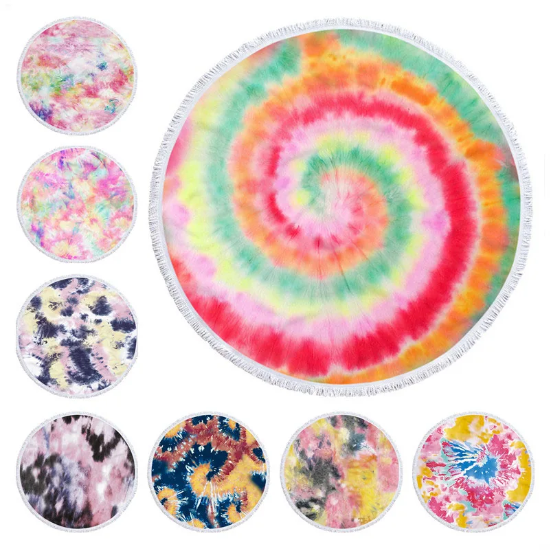 

Rainbow Tie-dyed Round Beach Towel with Tassel Microfiber Absorbent Mat Bedspread Tapestry Blanket Swimming Bath Towel