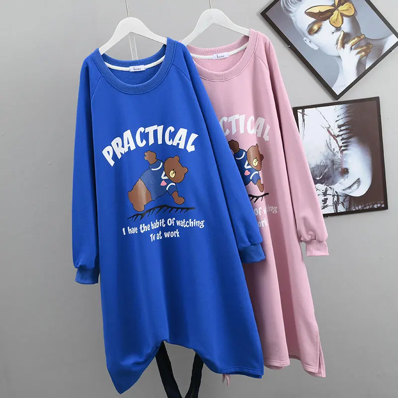 

2022 Spring& Autumn New Lazy Style Loose Casual Thin Cartoon Sweater Dress Korean Simple Stretch Women O-neck Tops Free Shipping