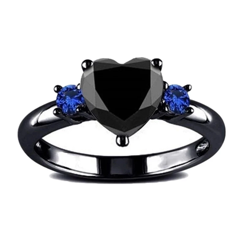 

High Quality Gothic Jewelry Unique Black Inlaid Blue Heart Crystal Rings for Women