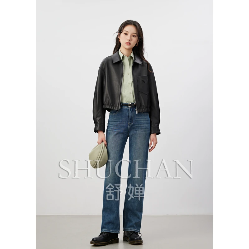 

SHUCHAN High Street Leather Jacket Women Sheepskin Turn-down Collar Short Casaco Feminino Real Leather Jacket Women