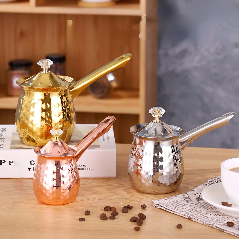 

600ML Turkish Coffee Pot 201 Stainless Steel Long Handle Dubai CoffeePot Milk Butter Melting Jug