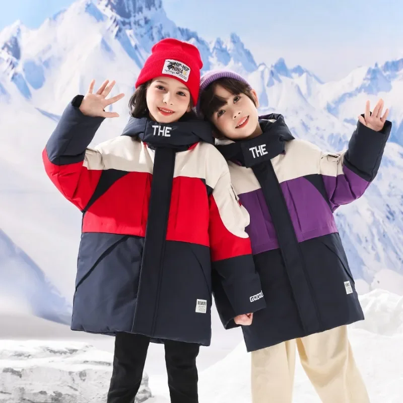 

Детский пуховик, новинка 2023, зимняя утепленная пуховая куртка средней длины в Корейском стиле для мальчиков и девочек, высококачественный пуховик, двойной теплый