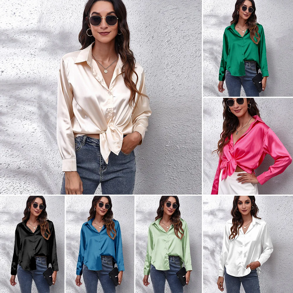 New Fashion Women Shirt Spring Summer Solid Shirt Women's Satin Imitation Silk Long-Sleeve Shirt  Women Outfits Top