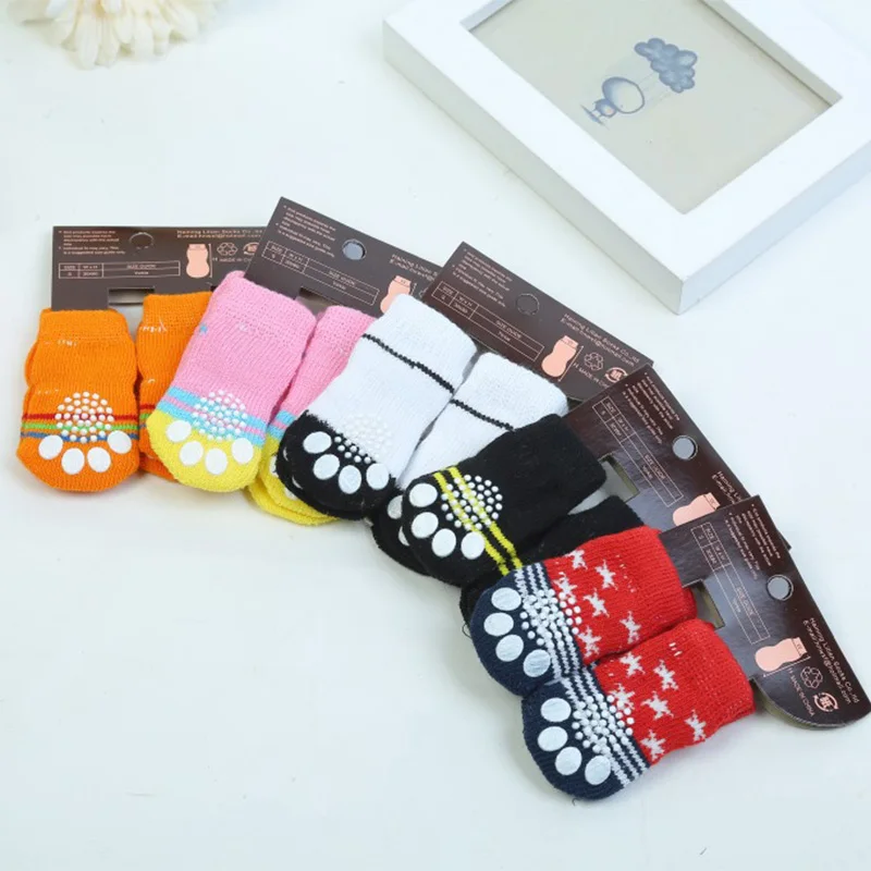 

4pcs Pet Dog Winter Anti-Slip Socks Small Cat Dogs Knit Warm Socks Chihuahua Thick Paw Protector Dog Socks Booties Random Color