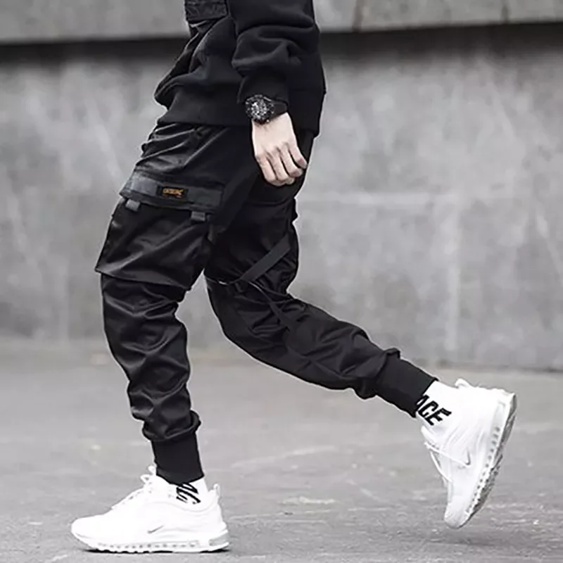 2022New Hop Trousers Men Ribbons Color Block Black Pocket Cargo Pants Harem Joggers Harajuku Sweatpant