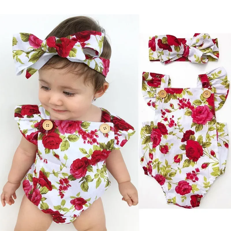 Floral Romper 2pcs Baby Girls Clothes Jumpsuit Romper+Headband 0-24M Age Ifant Toddler Newborn Outfits Set Hot Sale