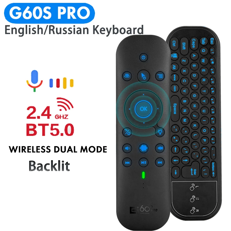 

G60S Pro BT 2.4G Wireless Voice Air Mouse Gyro Smart Remote Control Backlit Russian Mini Keyboard Touchpad for Android TV Box PC