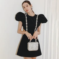 diamond puff sleeve dress spring and summer new ladies round neck a line polyester casual a line dress for women