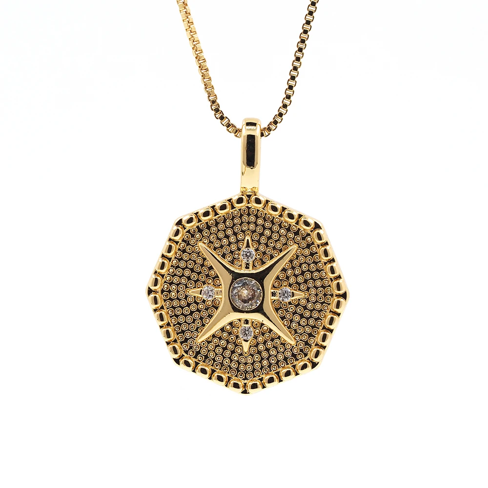 

New Design Octagonal Star Gold Color Polygon Engraving Pattern CZ Charm Pendant For Fashion Jewelry Men Necklace Accessories