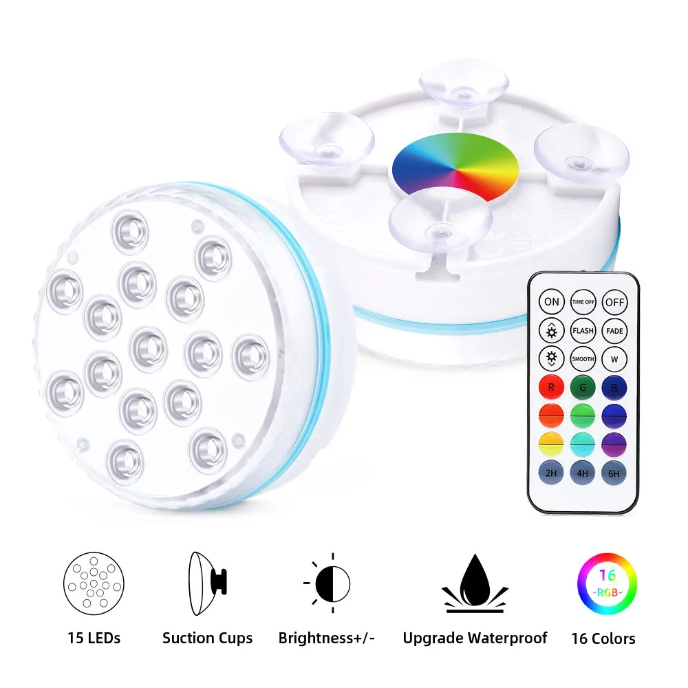 

15 LED Underwater Swimming Pool Light Submersible 16 Colors Pond Lights IP68 Bathtub Light Tub Light for Fountain Aquariums Yard