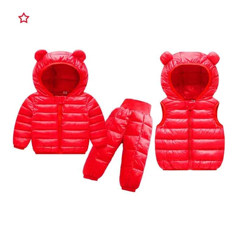 

2023 Winter Baby Clothing Set 3pcs Baby Girl and Boy Warm Snowsuit Coats Ski Set Kids Warm Hooded Down Jackets Pants Vests Suits