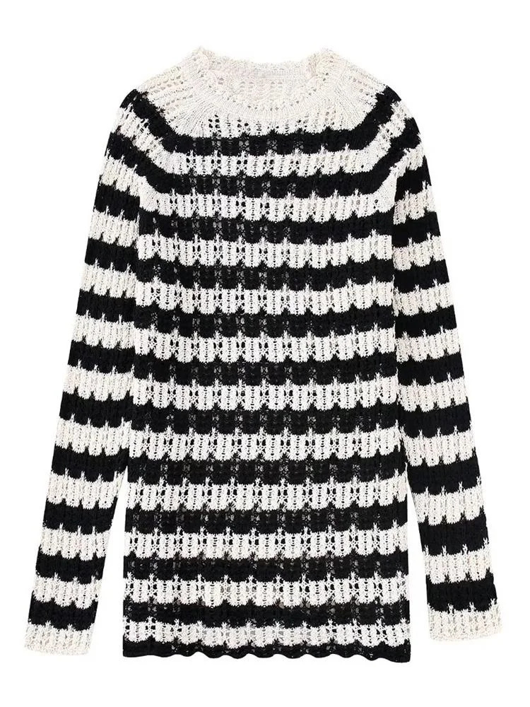 

MESTTRAF Sexy Design 2022 Women Striped Jacquard Mesh Sweater Loose Knit Sweater Retro Long Sleeve Pullover Chic Tops