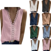 2022 summer new solid color embroidered loose sleeveless lace v neck tank top womens clothing