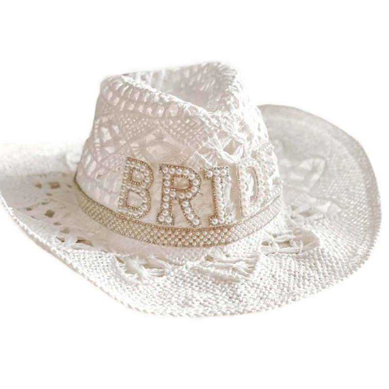 

Rhinestone Women Bride Letter Cowgirl Hat Wide Brim Hollow Hat for Photoshoot
