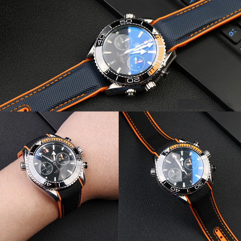 Ремешок силиконовый для часов Omega Seamaster 300, резиновый браслет из ткани и нейлона, Черный Синий Оранжевый, 20 мм 22 мм (art.: 3920bb52d8f80) - 3920bb52d8f80