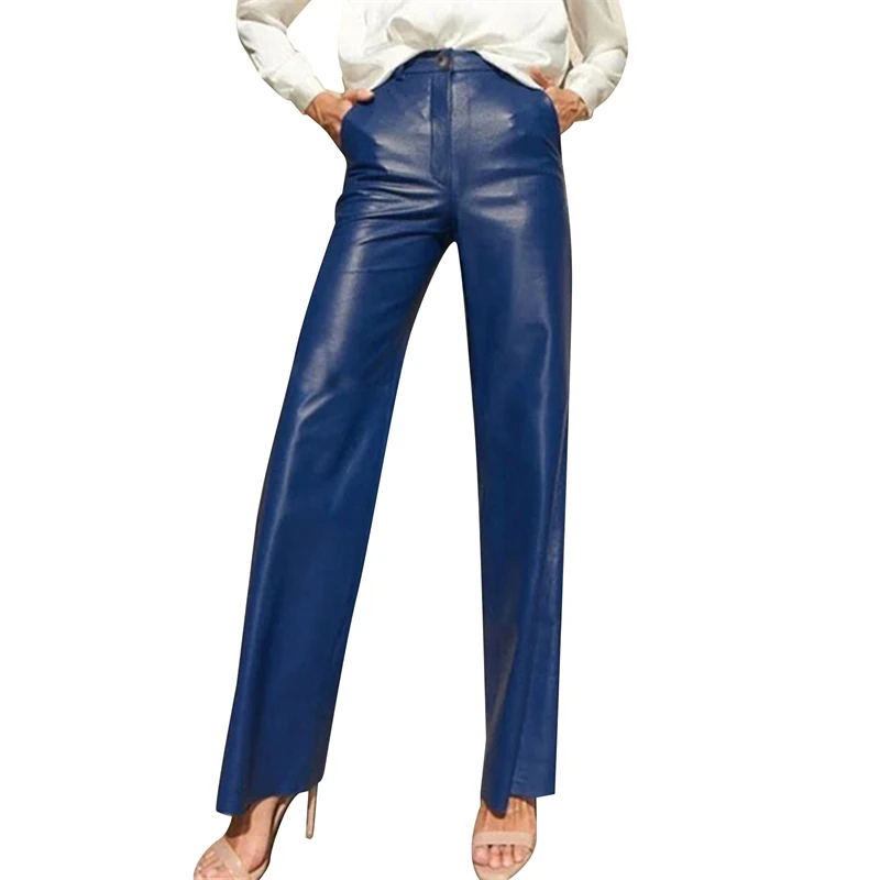 

Fashion Women PU Leather Trousers Solid Color Elastic High Waist Straight Wide Leg Pants With Pockets Vintage Loose Pants