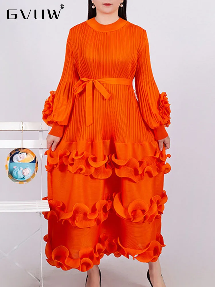 

GVUW Pleated Lace-up Fungus Dress For Women Round Collar Lantern Sleeve Solid Color Loose 2023 Summer New Female Clothes 17J0927