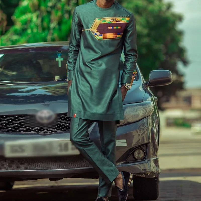 Muslim Fashion Men's Green Casual Long Sleeve Shirt Set Arabic Shirt Kurta Men Camisas Estilo Europeo Pars Hombre Muslim Sets