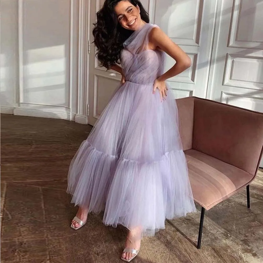 

Lavender One Shoulder Elegant Evening Party Dress Ankle Length A-line Tulle Prom Dress Long Draped Pleat Maxi Gown 2022 Women