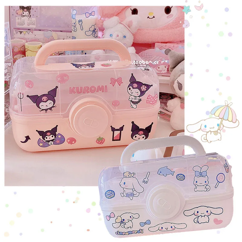 

Anime Kawaii Medicine Chest Cinnamoroll Kuromi Cartoon Cute High Capacity Portable First Aid Kit Drug Storage Box DIY Sticker