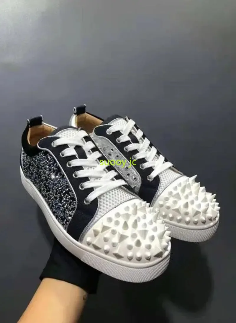 

Beertola New Red sole shoes Mixed Color Bling Crystal Street Style Fashion Boys White Rivets Round Toe Lace Up Chaussures Male