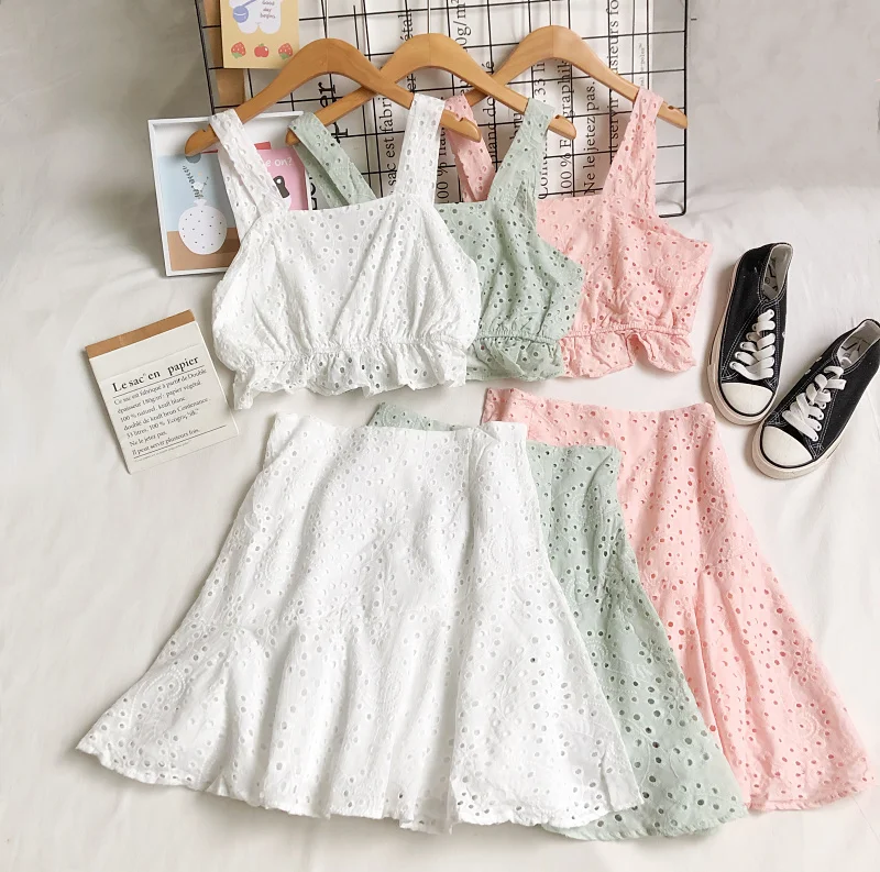 

Летний хлопковый Кружевной укороченный топ на бретельках с вышивкой, а-силуэт, короткая юбка в стиле бохо, комплект одежды из двух предметов, розовая Мятная