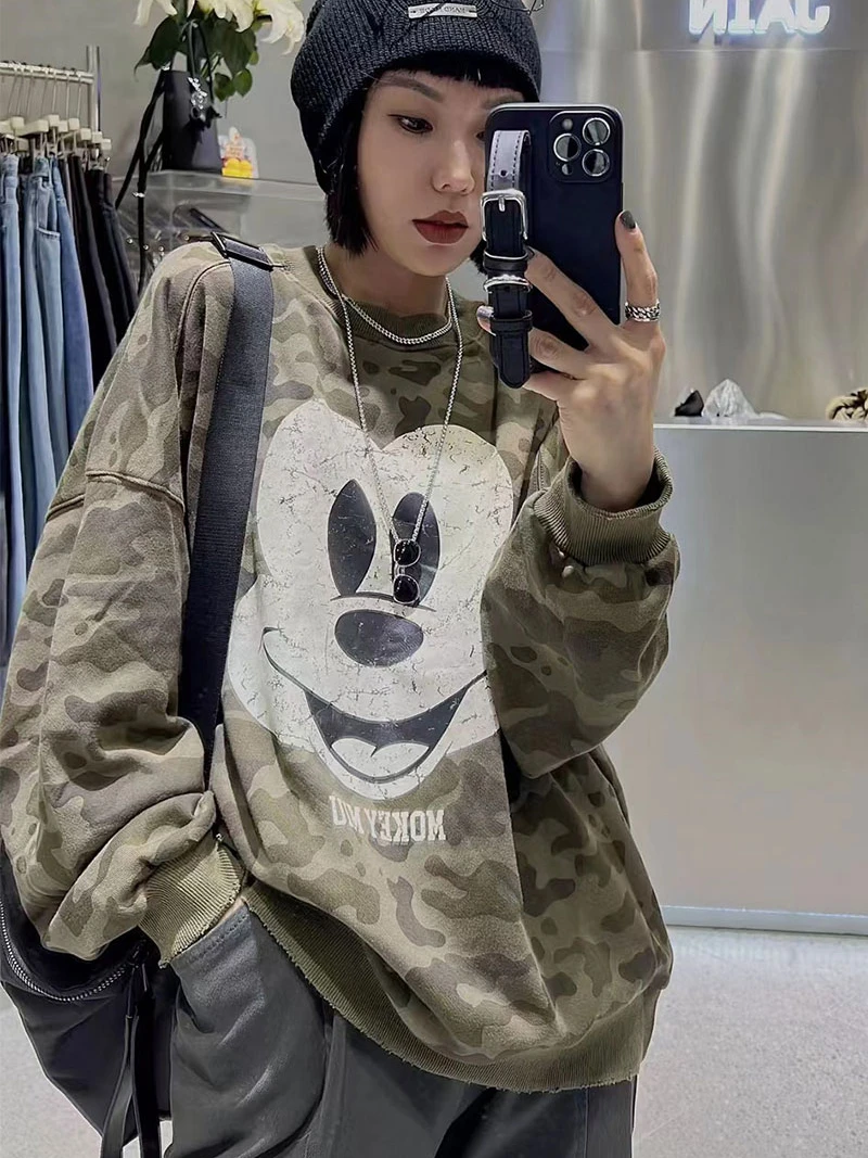 Camouflage Color Round Neck Sweatshirts for Women 2022 Autumn New Fashion Cartoon Printed Loose Long Sleeves Pullover Hoodies