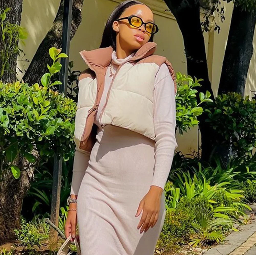 Casual Women Parkas Jacket Coat Color Patchwork Sleeveless Streetwear Clothes For Women Outfit