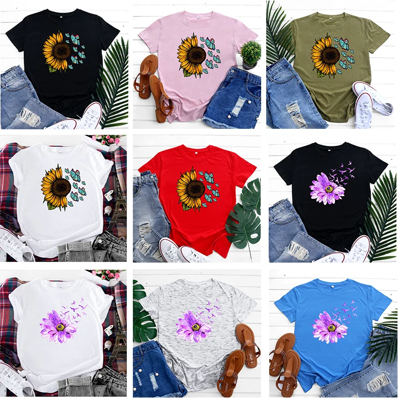 

100% Cotton Summer Women's T-shirt O-Neck Harajuku Sunflower Daisy Butterfly Print Top Casual Female T shirt Oversized