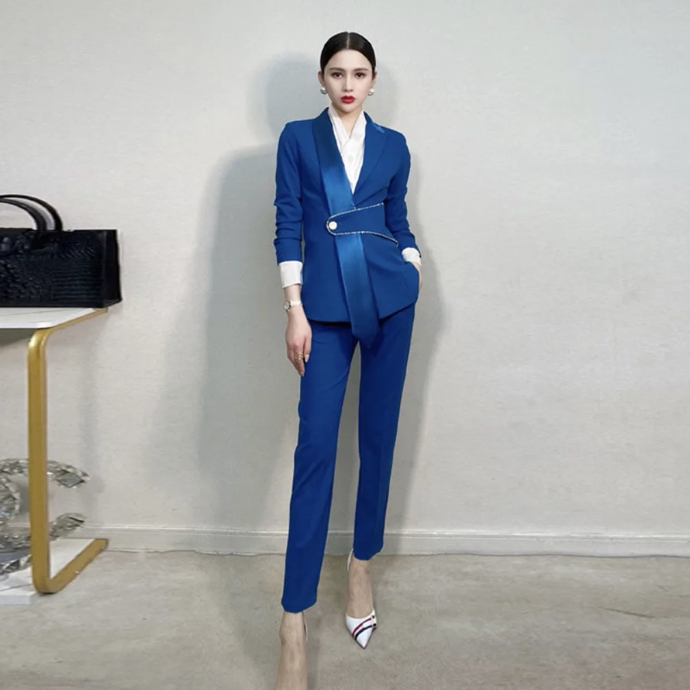 

Women's Suits Solid Color Long Sleeve Lace Up One Button Blazer Suit Trousers New Fashion Temperament High Suits Women' Clothing