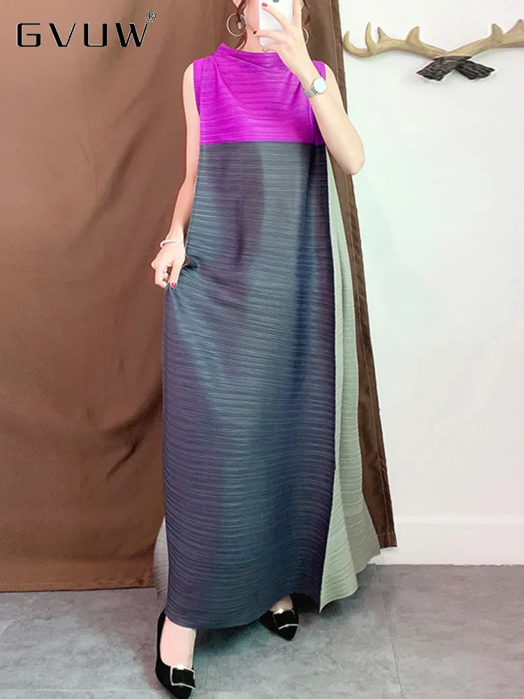 

GVUW 2023 New Stand Collar Pleated Dresses For Women Streetwear Fashion Vintage Sleeveless Contrast Color Loose Dress Lady WH355