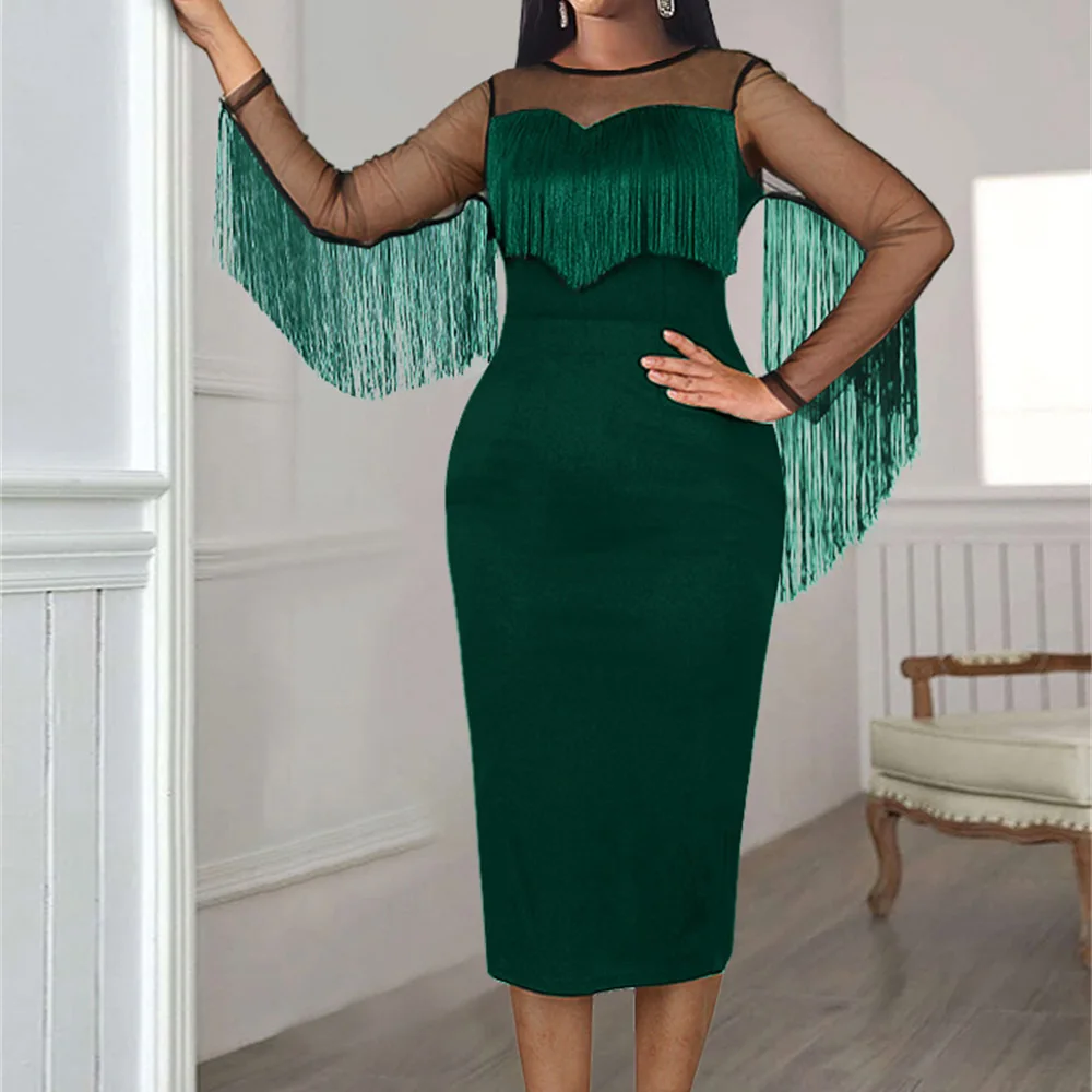 

Elegant Tassel O-Neck Dinner Party Dress Mid-Calf Sexy Mesh Bodycon Slip Patchwork Robe Femme Green Long Sleeve Vestiods