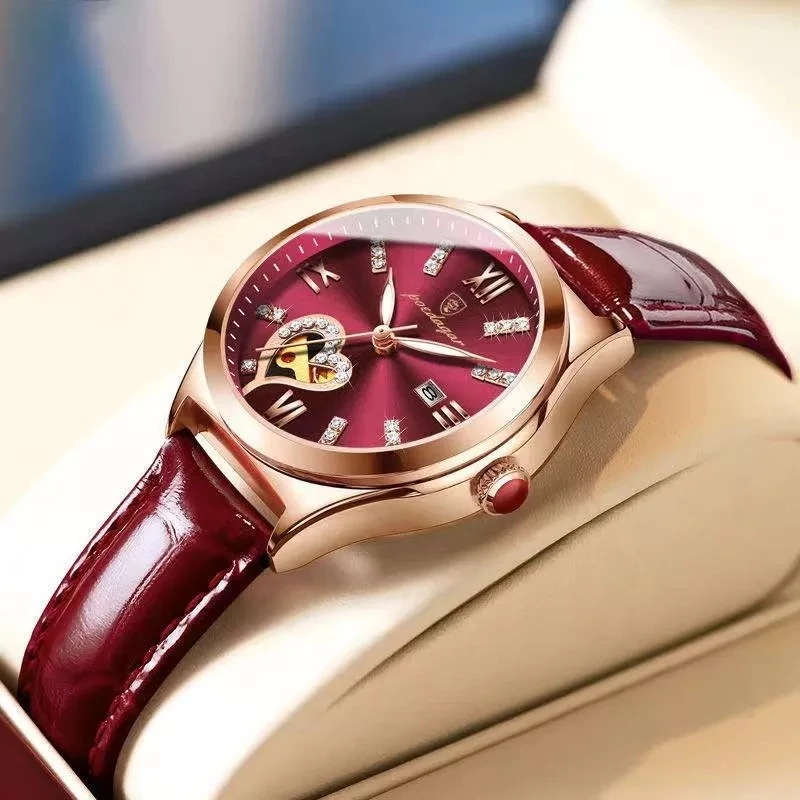 Enlarge POEDAGAR 2022 Women Watches Fashion Leather Romance Red Dial Luxury Ladies Watch Waterproof Quartz Date Swiss Brand Wristwatch