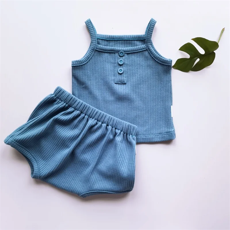 Baby Clothes Sets Summer Toddler Girl Strap Suits Cotton Solid Baby Boy Tops Tee and Shorts Infant Tracksuit Newborn Sets