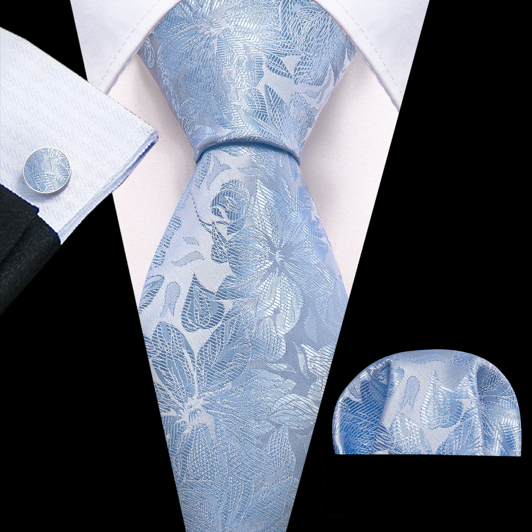 

Light Blue Floral Silk Tie High Quality For Men Classic Jacquard Woven Handkerchief Cufflinks Sets Wedding Party Barry.Wang 6530