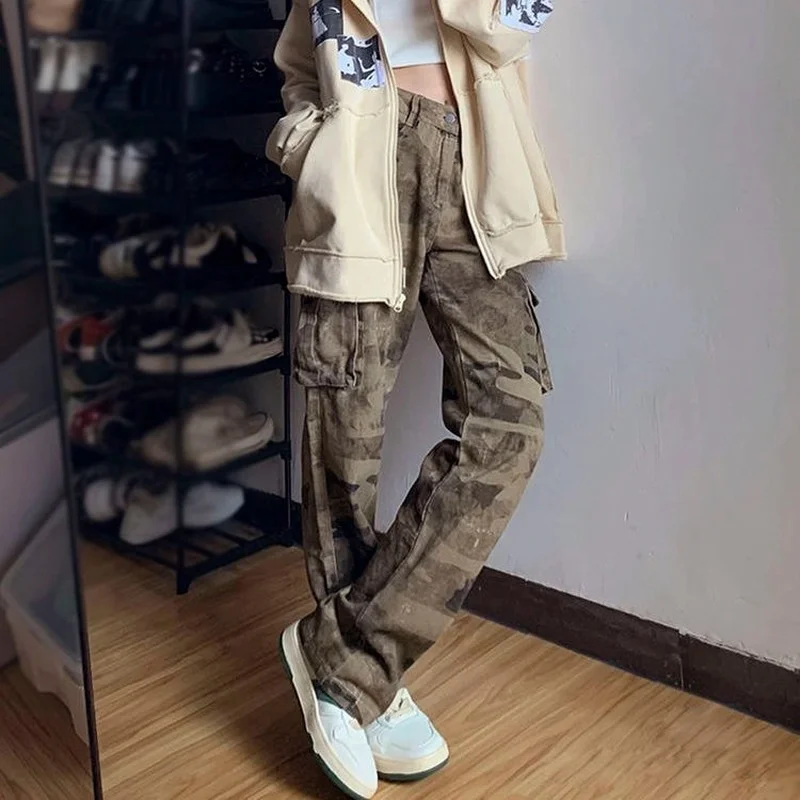 

Camouflage pants women tooling personality pocket high waisted jeans women summer y2k vintage streetwear slimming hip-hop Jeans