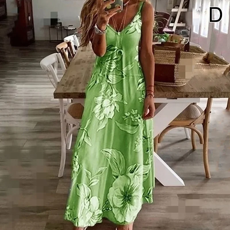 

S-5XL Floral Printing V-Neck Strap Long Dresses Casual Bohemian Sleeveless Women Summer Beach Travel Party Wear 7Colors