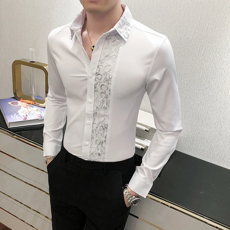 

Мужские сексуальные кружевные рубашки в стиле пэчворк, приталенная уличная одежда с длинным рукавом, повседневные рубашки, женская блузка для ночного клуба, мужская рубашка