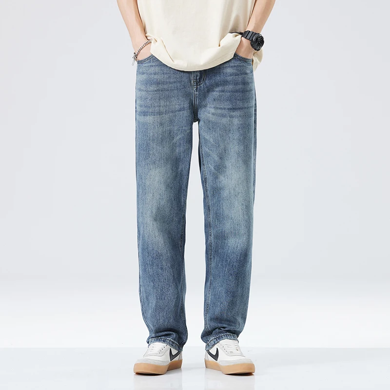 

Облегающие джинсовые Свободные повседневные мужские тонкие свободные джинсы с прямыми штанинами в классическом стиле усовершенствованные эластичные мешковатые брюки для мужчин большого размера 40 42