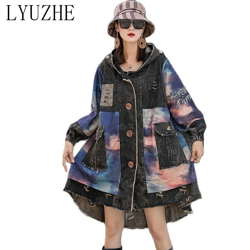 

LYUZHE Fashion Tie Dye Knitted Stitching Denim Jacket Women 2023 Spring Autumn Loose Hooded Single Breasted Female Coat TT062L