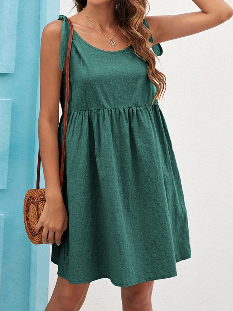 

Summer New Casual Bandage Solid Color Doll Skirt High Waist Pleated Cotton and Linen Dress Women Dresses for Women Party