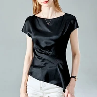 1pcs womens blouses tops 2022 summer silky fabric splicing irregular short sleeve primer shirt ladies skinny sexy shirts girls