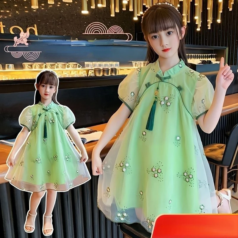 

Summer Girls Dress Cheongsam Ball Birthday Party Dresses New Childrens Retro Gauze Hanfu Baby Princess Clothes 3 5 7 8 10 12Year